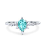 Starburst Teardrop Art Deco Pear Wedding Ring Simulated Paraiba Tourmaline CZ 925 Sterling Silver