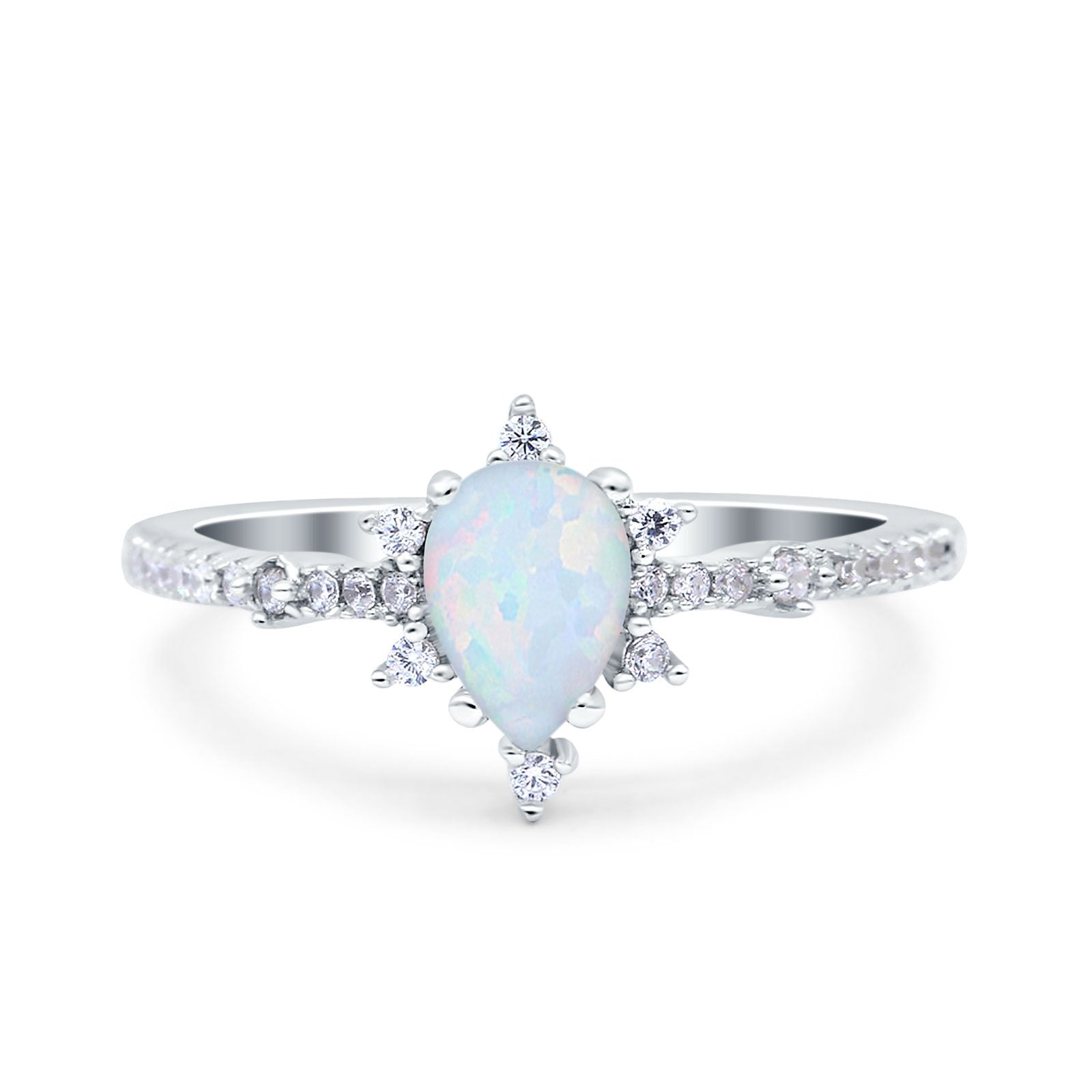 Starburst Teardrop Art Deco Pear Wedding Ring Lab Created White Opal 925 Sterling Silver