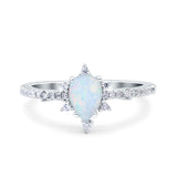 Starburst Teardrop Art Deco Pear Wedding Ring Lab Created White Opal 925 Sterling Silver
