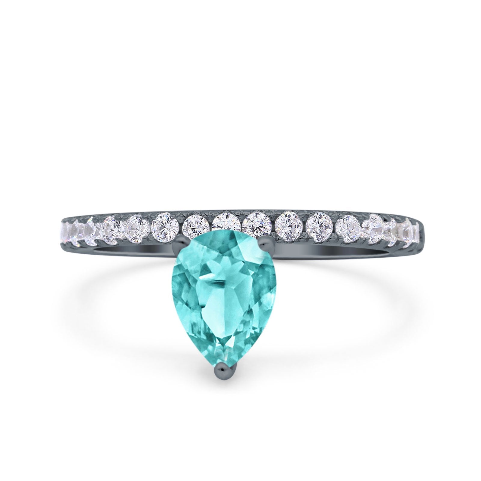 Teardrop Art Deco Pear Wedding Bridal Ring Black Tone, Simulated Paraiba Tourmaline CZ 925 Sterling Silver