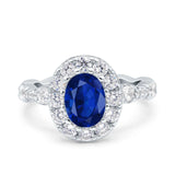 Oval Art Deco Halo Wedding Bridal Ring Simulated Blue Sapphire CZ 925 Sterling Silver