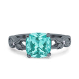 Art Deco Cushion Cut Wedding Ring Black Tone, Simulated Paraiba Tourmaline CZ 925 Sterling Silver