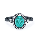 Art Deco Engagement Ring Halo Oval Black Tone, Simulated Paraiba Tourmaline CZ 925 Sterling Silver