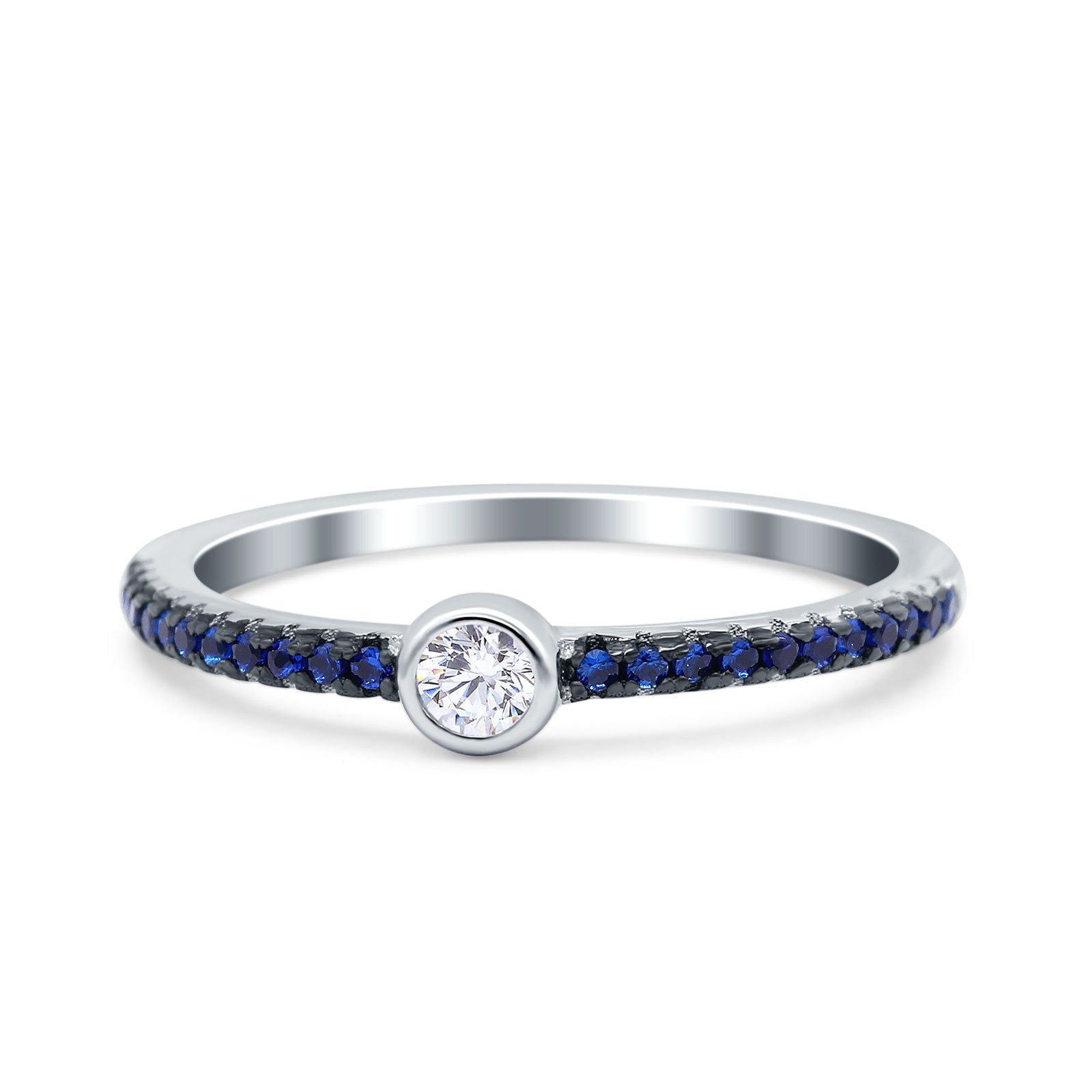 Petite Dainty Wedding Band Ring Blue Sapphire Round Simulated Cubic Zirconia 925 Sterling Silver