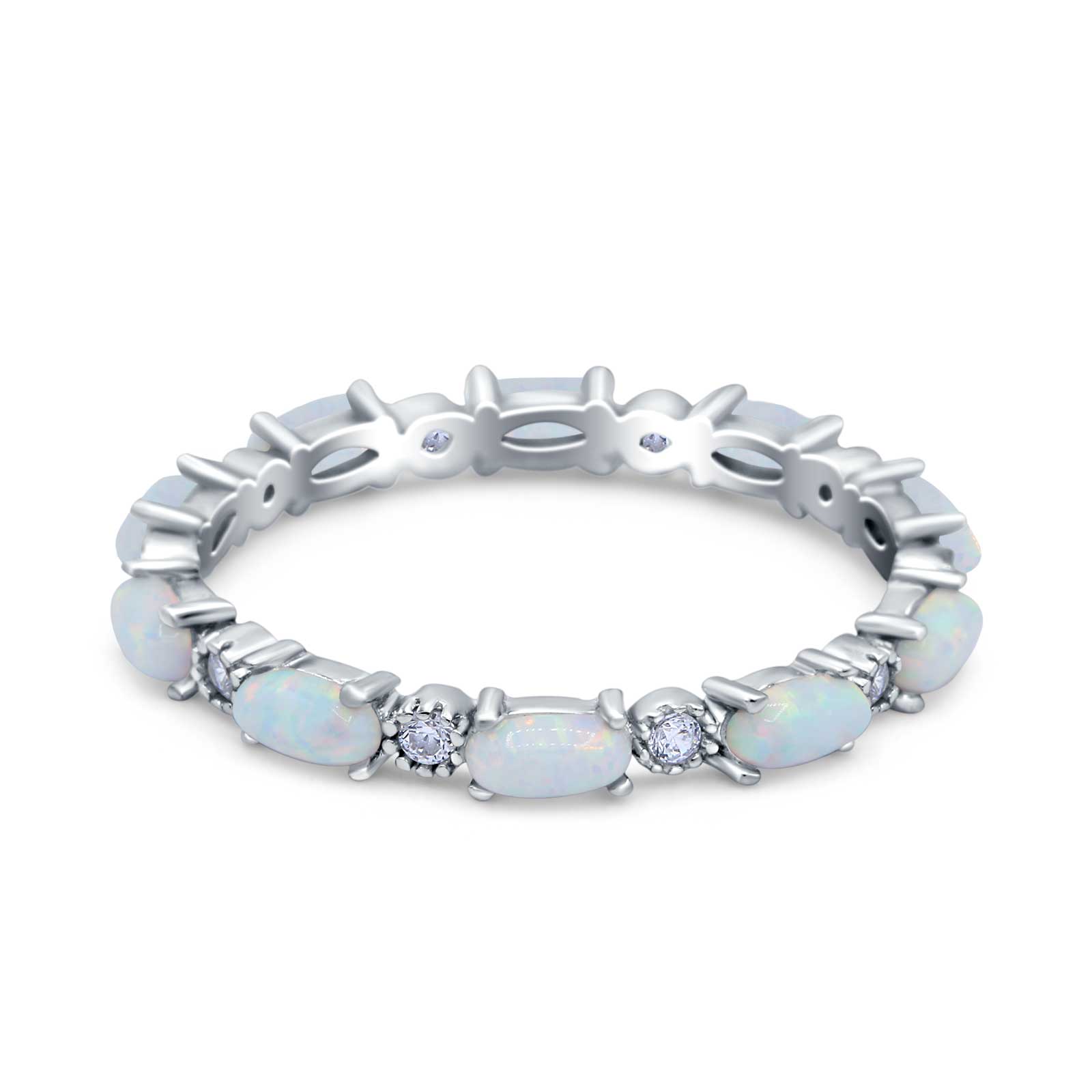 Full Eternity Wedding Bridal Ring Oval Lab Created White Opal Simulated CZ 925 Sterling Silver