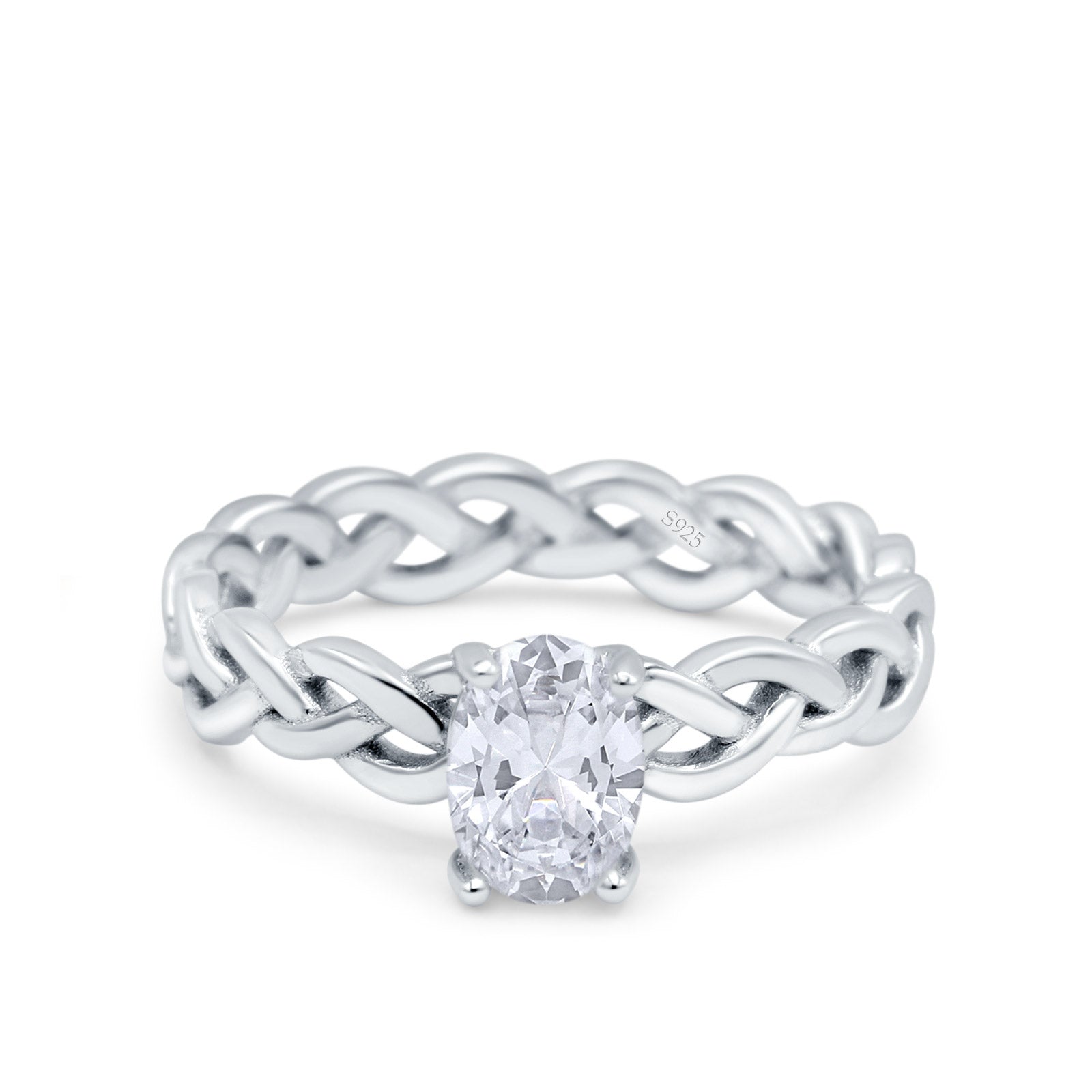 Celtic Weave Braided Style Oval Wedding Ring Simulated Cubic Zirconia 925 Sterling Silver