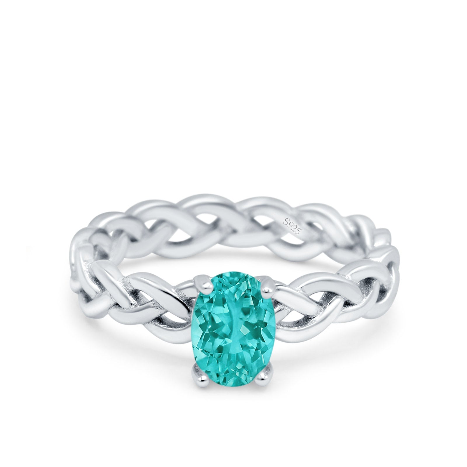 Celtic Weave Braided Style Oval Wedding Ring Simulated Paraiba Tourmaline CZ 925 Sterling Silver