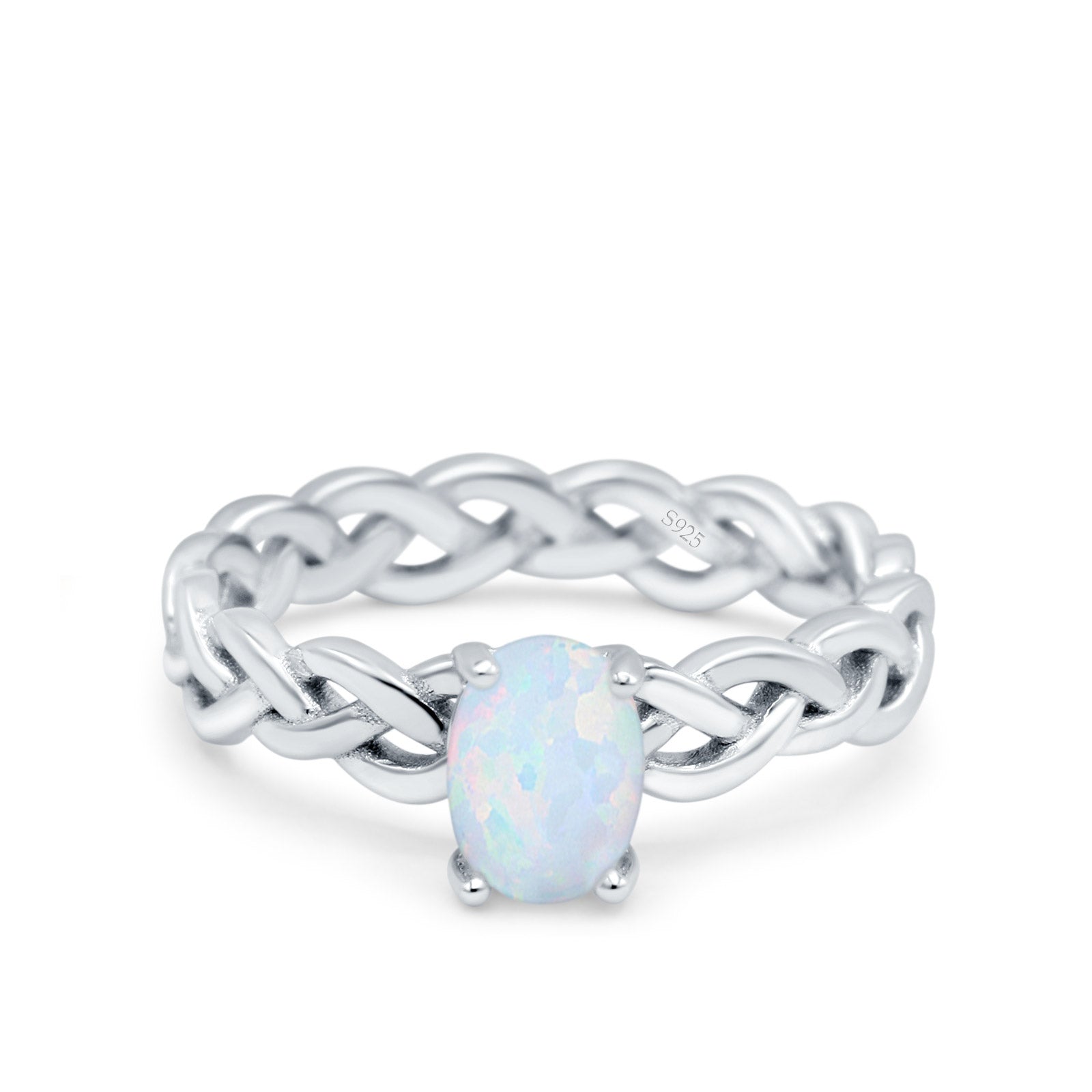 Celtic Weave Braided Style Oval Wedding Ring Lab Created White Opal 925 Sterling Silver