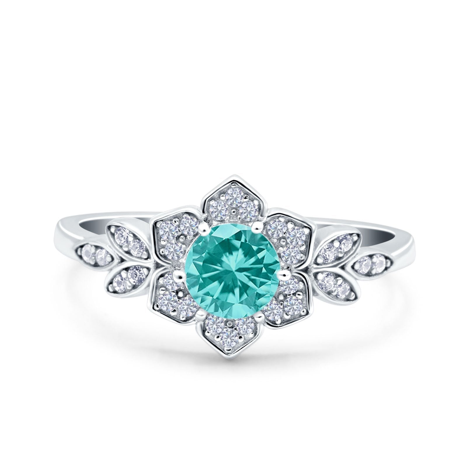 Halo Cluster Floral Wedding Ring Round Simulated Paraiba Tourmaline CZ 925 Sterling Silver