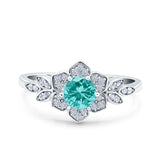Halo Cluster Floral Wedding Ring Round Simulated Paraiba Tourmaline CZ 925 Sterling Silver