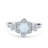 Halo Cluster Floral Wedding Ring Round Lab Created White Opal 925 Sterling Silver
