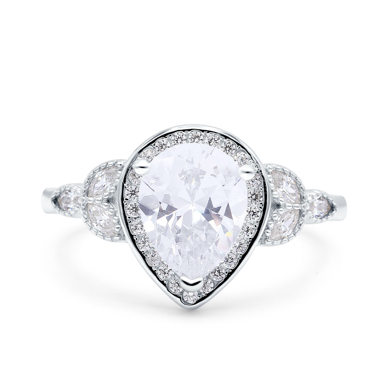 Halo Art Deco Wedding Pear Ring Simulated Cubic Zirconia 925 Sterling Silver