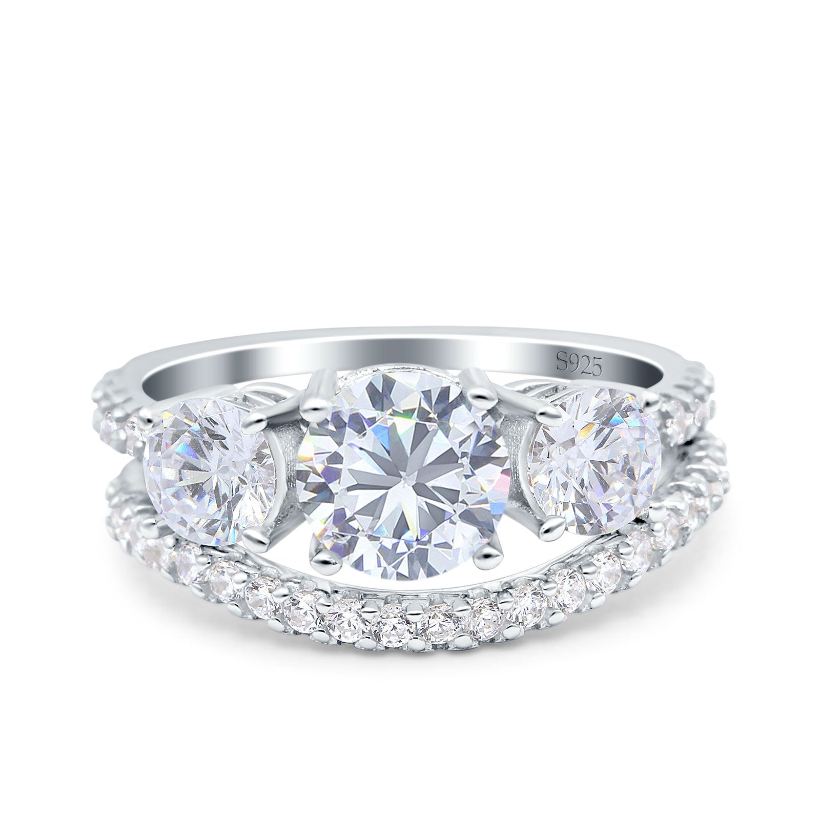 Three Stone Art Deco Wedding Piece Ring Round Simulated Cubic Zirconia 925 Sterling Silver
