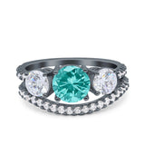 Three Stone Art Deco Wedding Piece Ring Round Black Tone, Simulated Paraiba Tourmaline CZ 925 Sterling Silver