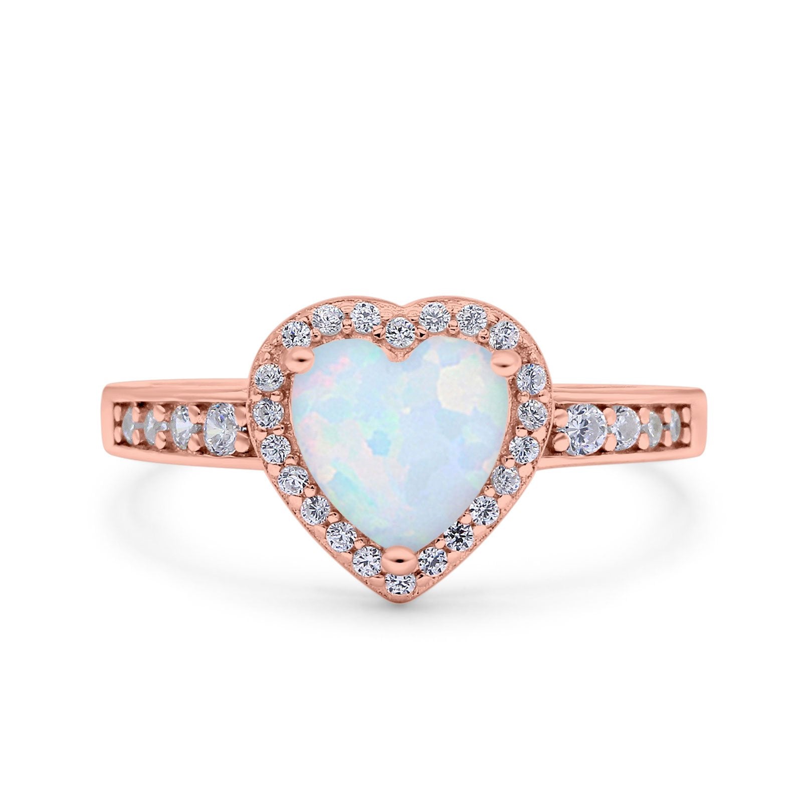 Heart Promise Ring Halo Rose Tone, Lab Created White Opal 925 Sterling Silver