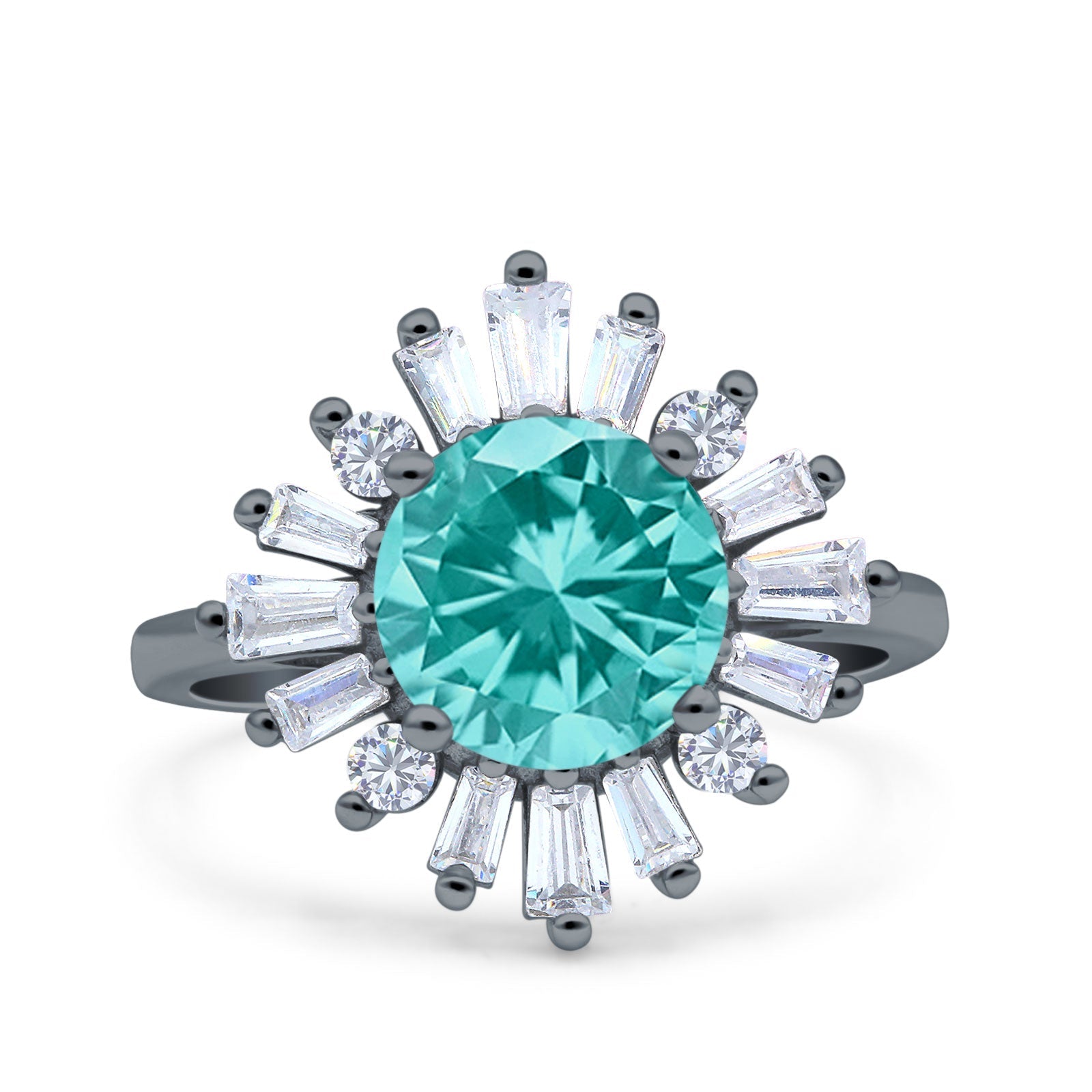 Art Deco Wedding Bridal Ring Baguette Round Black Tone, Simulated Paraiba Tourmaline CZ 925 Sterling Silver