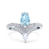Art Deco Solitaire Accent Pear Wedding Bridal Ring Band Simulated Aquamarine CZ 925 Sterling Silver