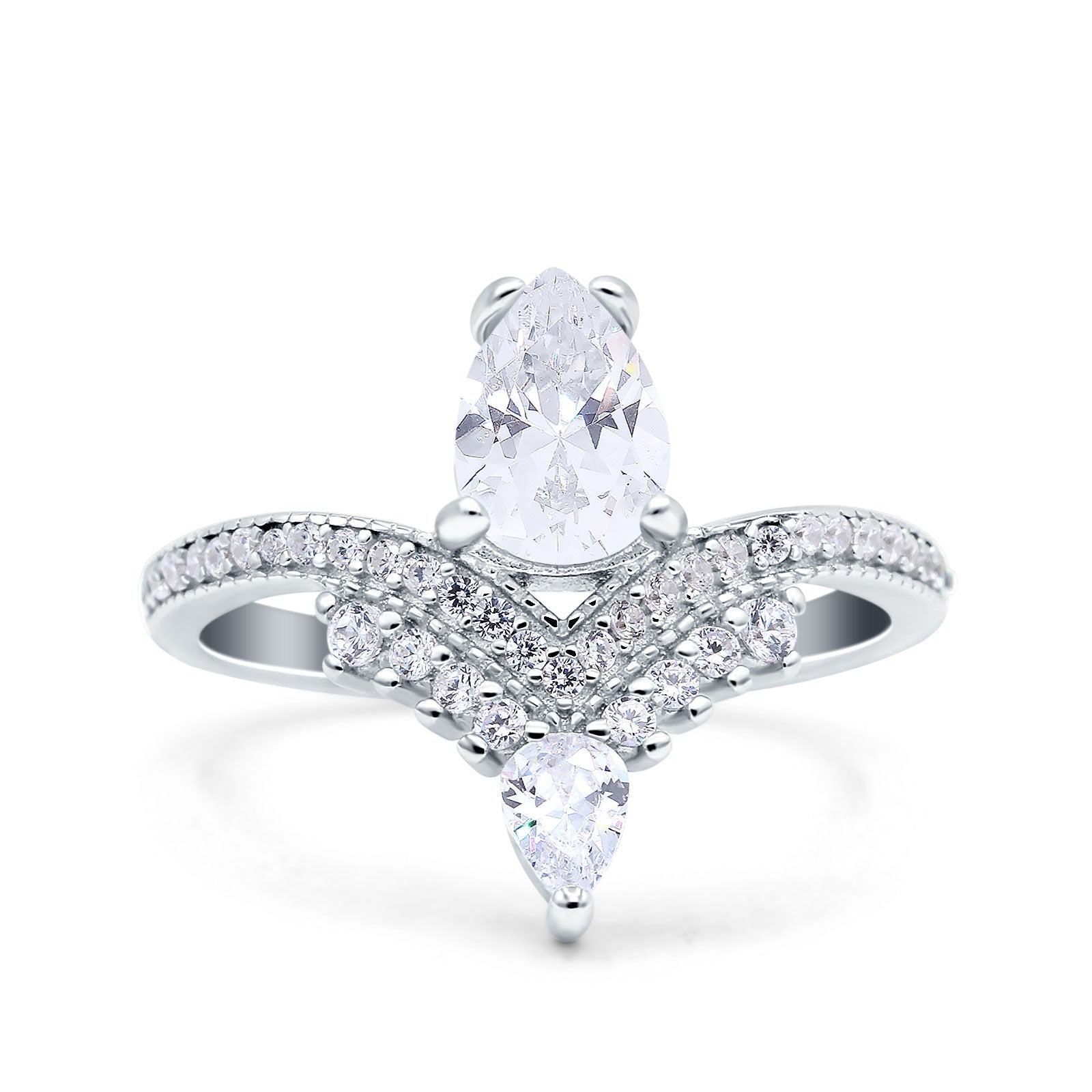 Art Deco Solitaire Accent Pear Wedding Bridal Ring Band Simulated Cubic Zirconia 925 Sterling Silver