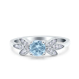 Art Deco Wedding Bridal Ring Leaf Dainty Round Simulated Aquamarine CZ 925 Sterling Silver