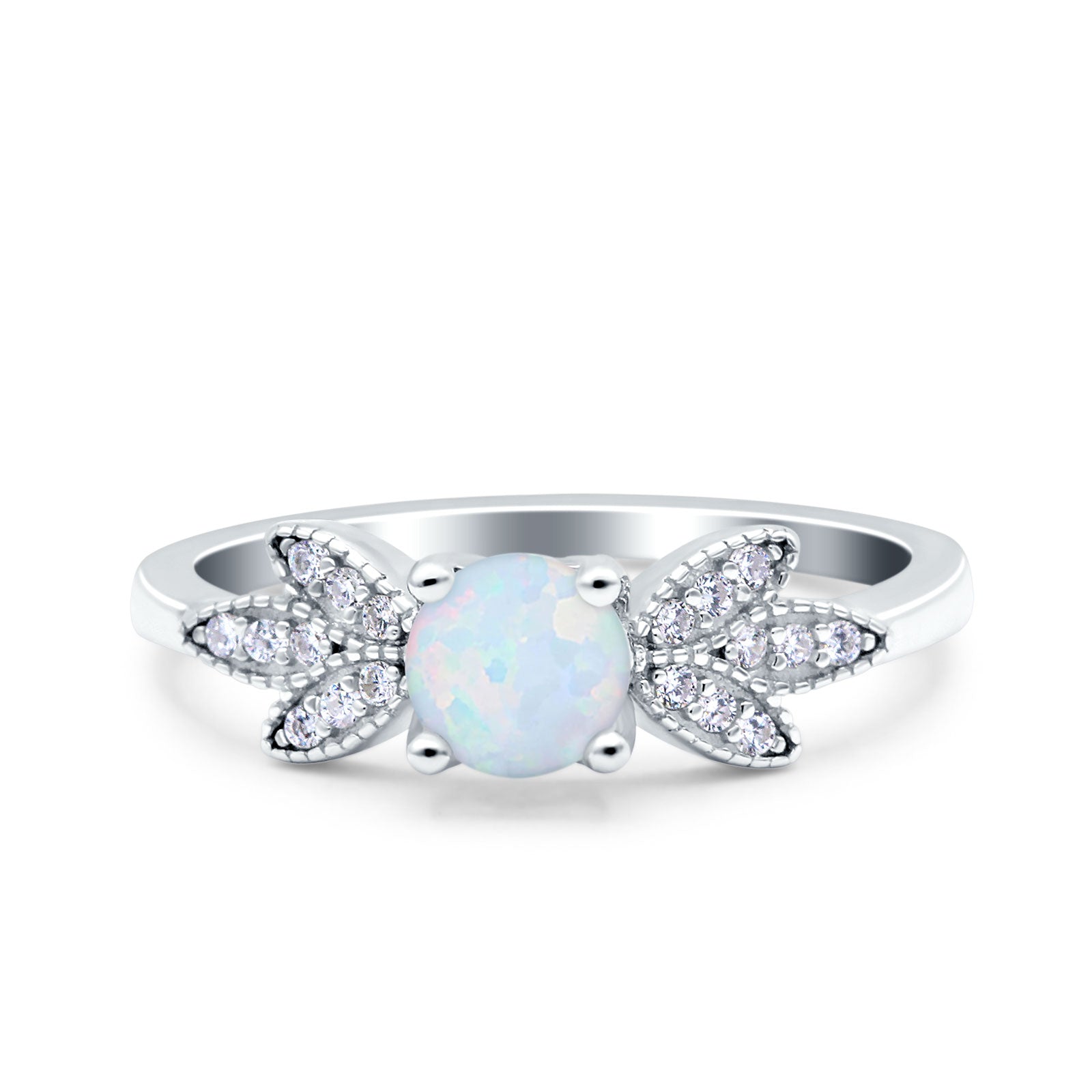 Art Deco Wedding Bridal Ring Leaf Dainty Round Lab Created White Opal 925 Sterling Silver
