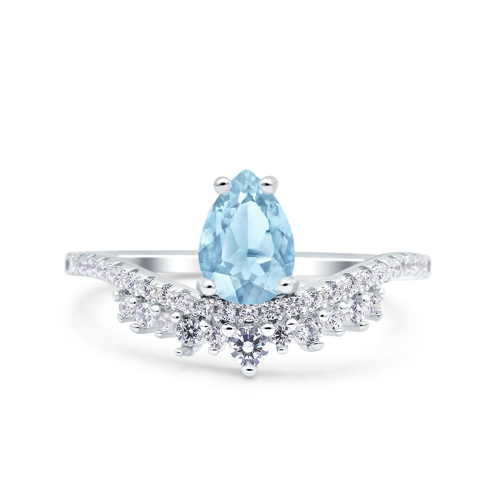 Art Deco Solitaire Accent Pear Wedding Bridal Ring Band Simulated Aquamarine CZ 925 Sterling Silver