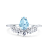 Art Deco Solitaire Accent Pear Wedding Bridal Ring Band Simulated Aquamarine CZ 925 Sterling Silver