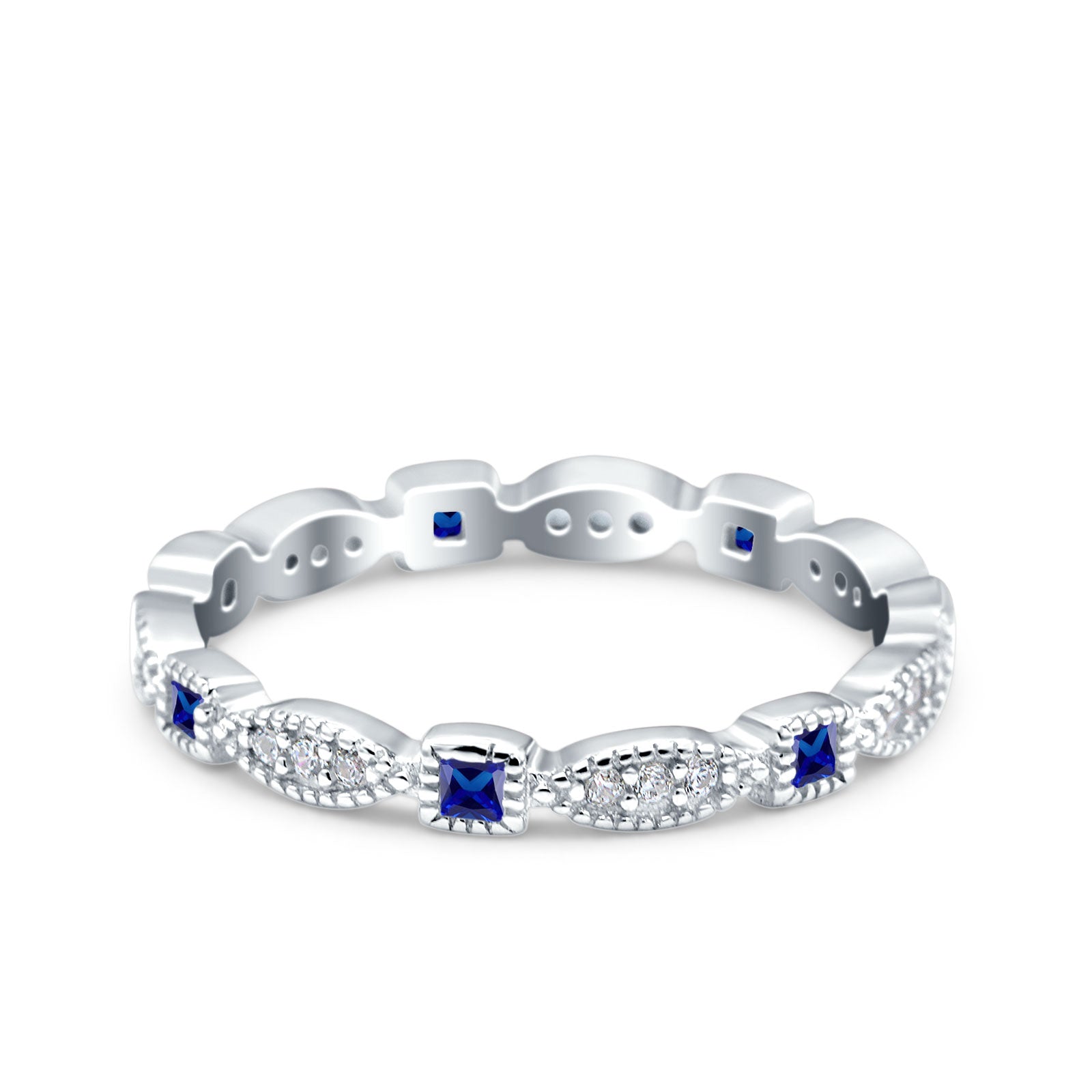 Full Eternity Stackable Ring Wedding Band Round Simulated Blue Sapphire CZ 925 Sterling Silver (3mm)