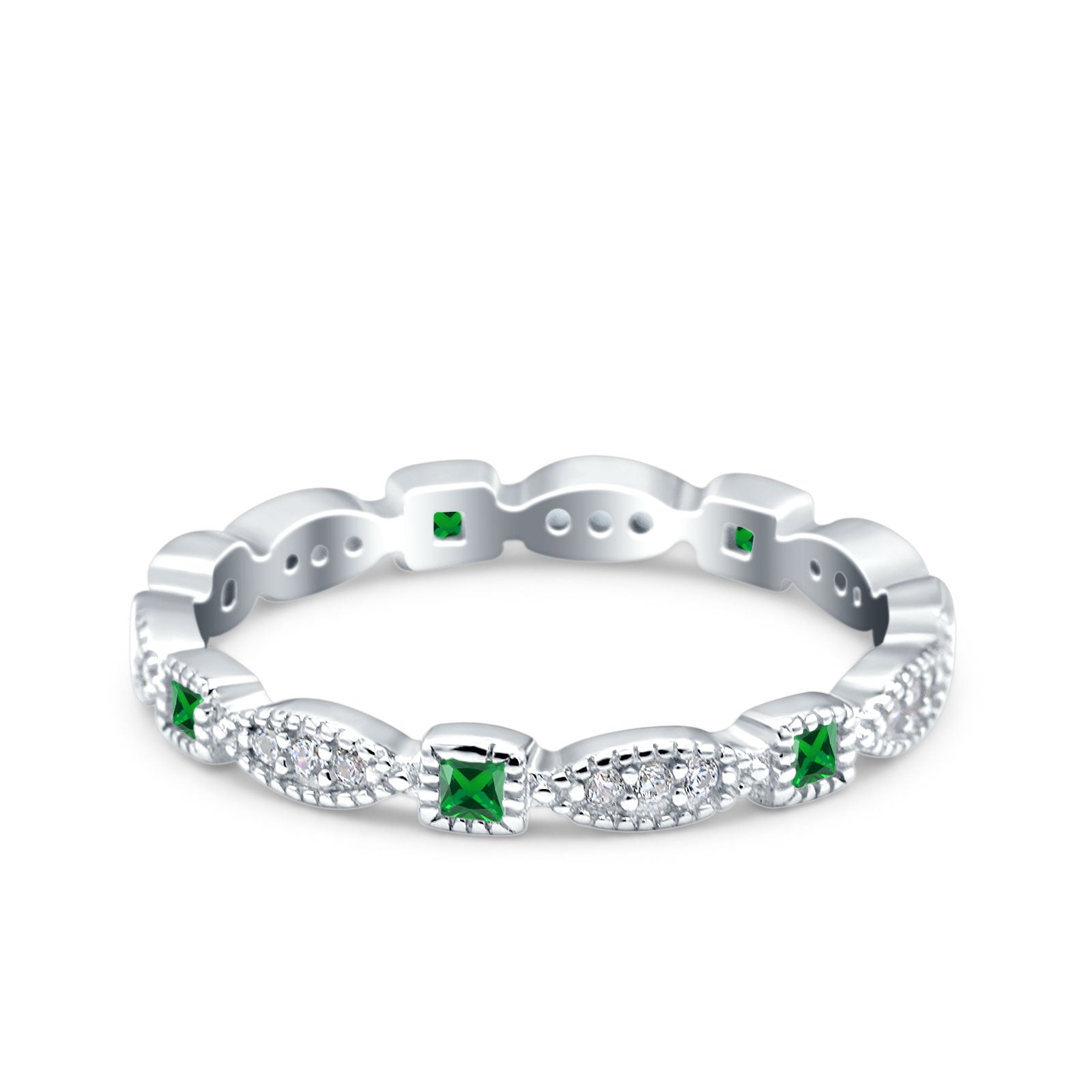Full Eternity Stackable Ring Wedding Band Round Simulated Green Emerald CZ 925 Sterling Silver (3mm)