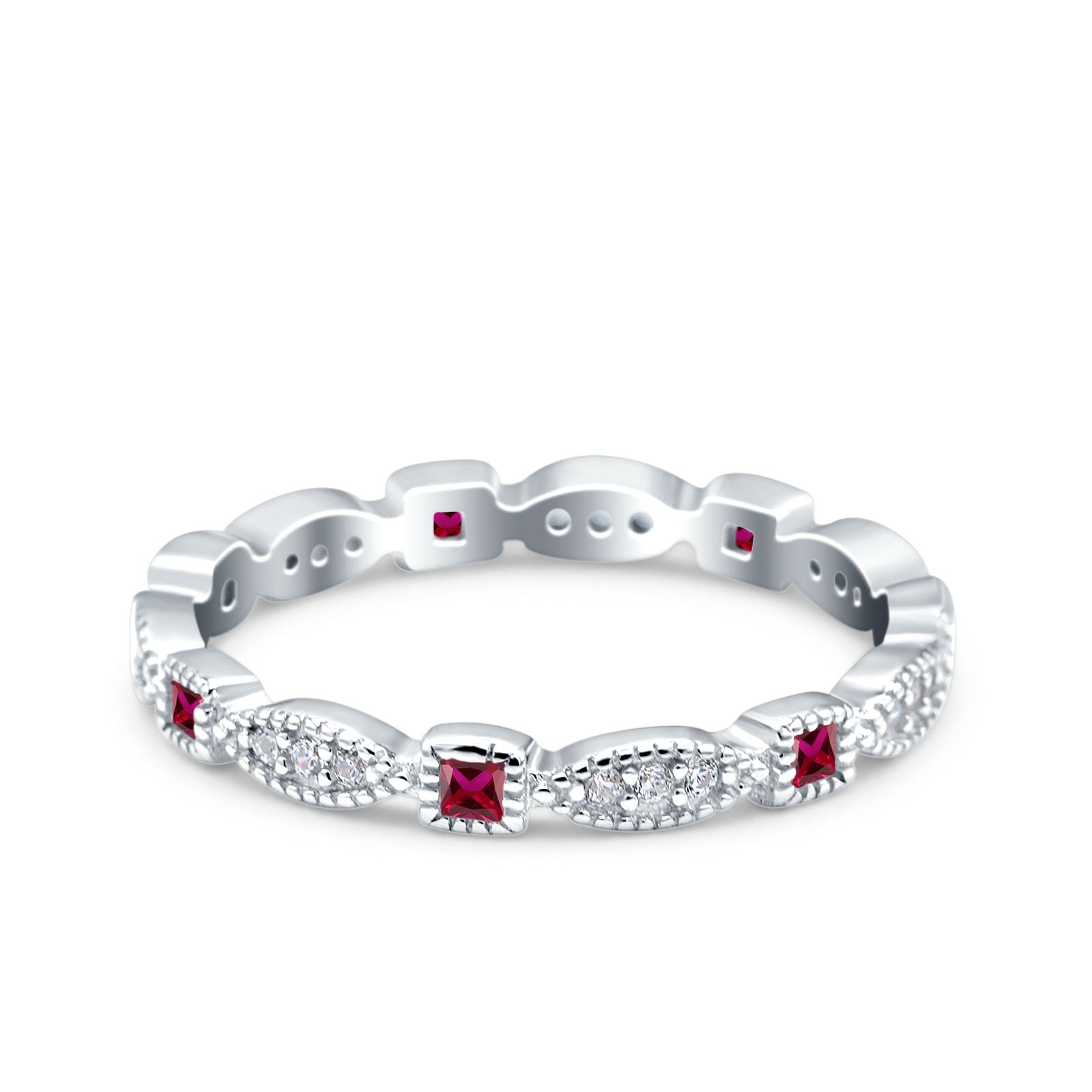 Full Eternity Stackable Ring Wedding Band Round Simulated Ruby CZ 925 Sterling Silver (3mm)