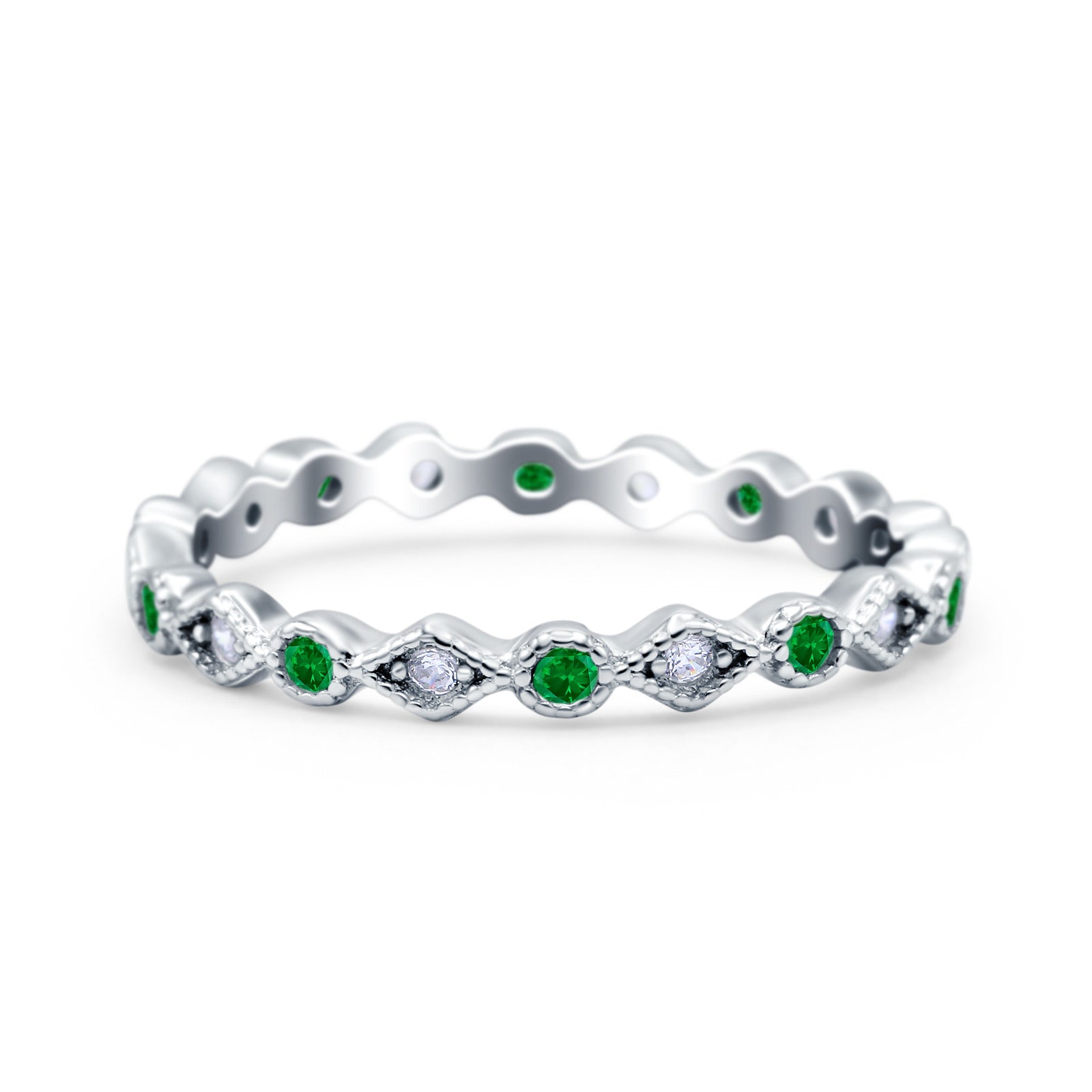 Full Eternity Stackable Ring Wedding Band Round Simulated Green Emerald CZ 925 Sterling Silver (3mm)