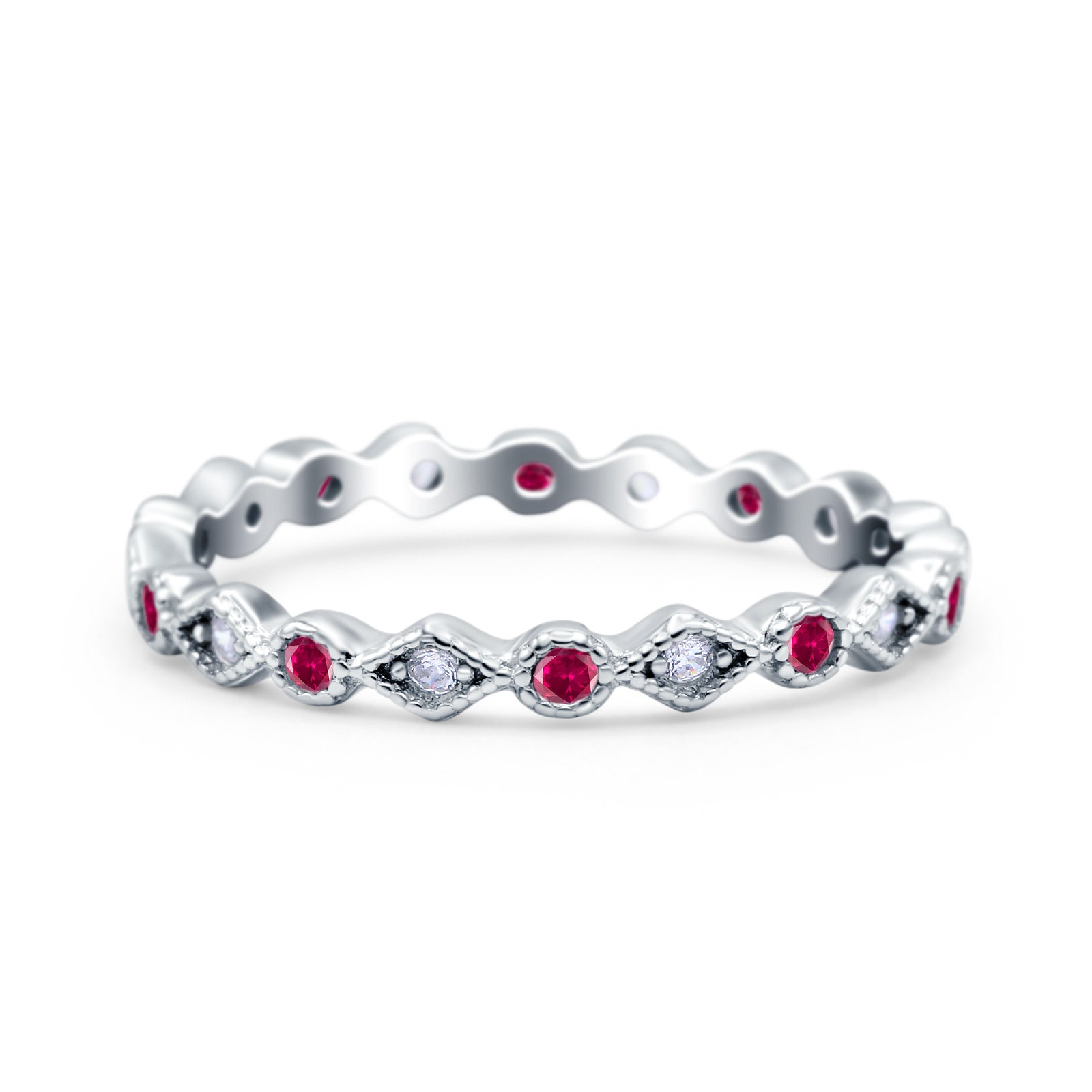 Full Eternity Stackable Ring Wedding Band Round Simulated Ruby CZ 925 Sterling Silver (3mm)