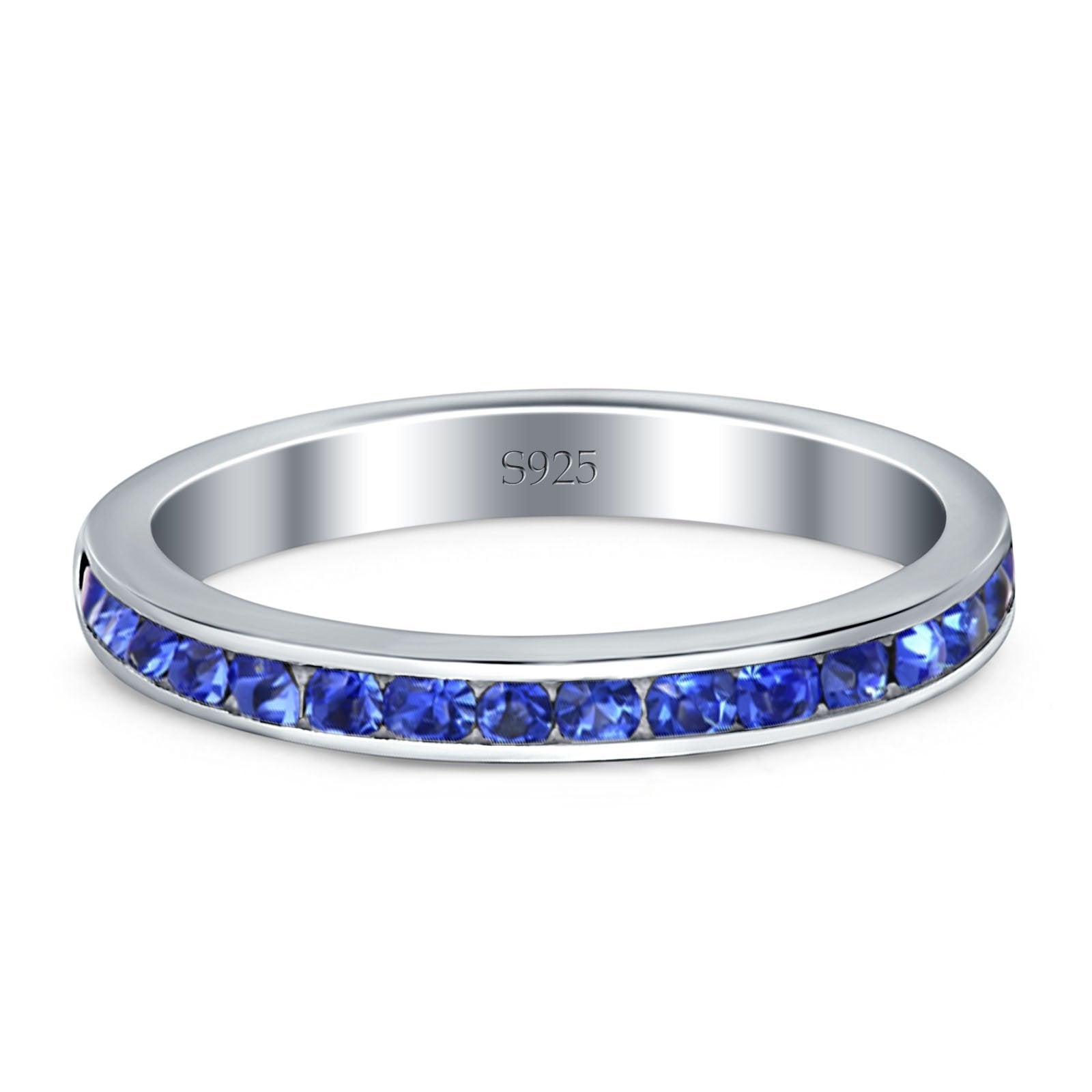 Full Eternity Stackable Band Wedding Ring Simulated Blue Sapphire CZ 925 Sterling Silver