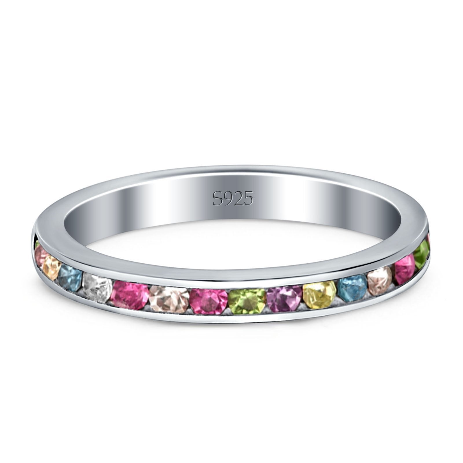 Full Eternity Stackable Band Wedding Ring Simulated Multicolored CZ 925 Sterling Silver