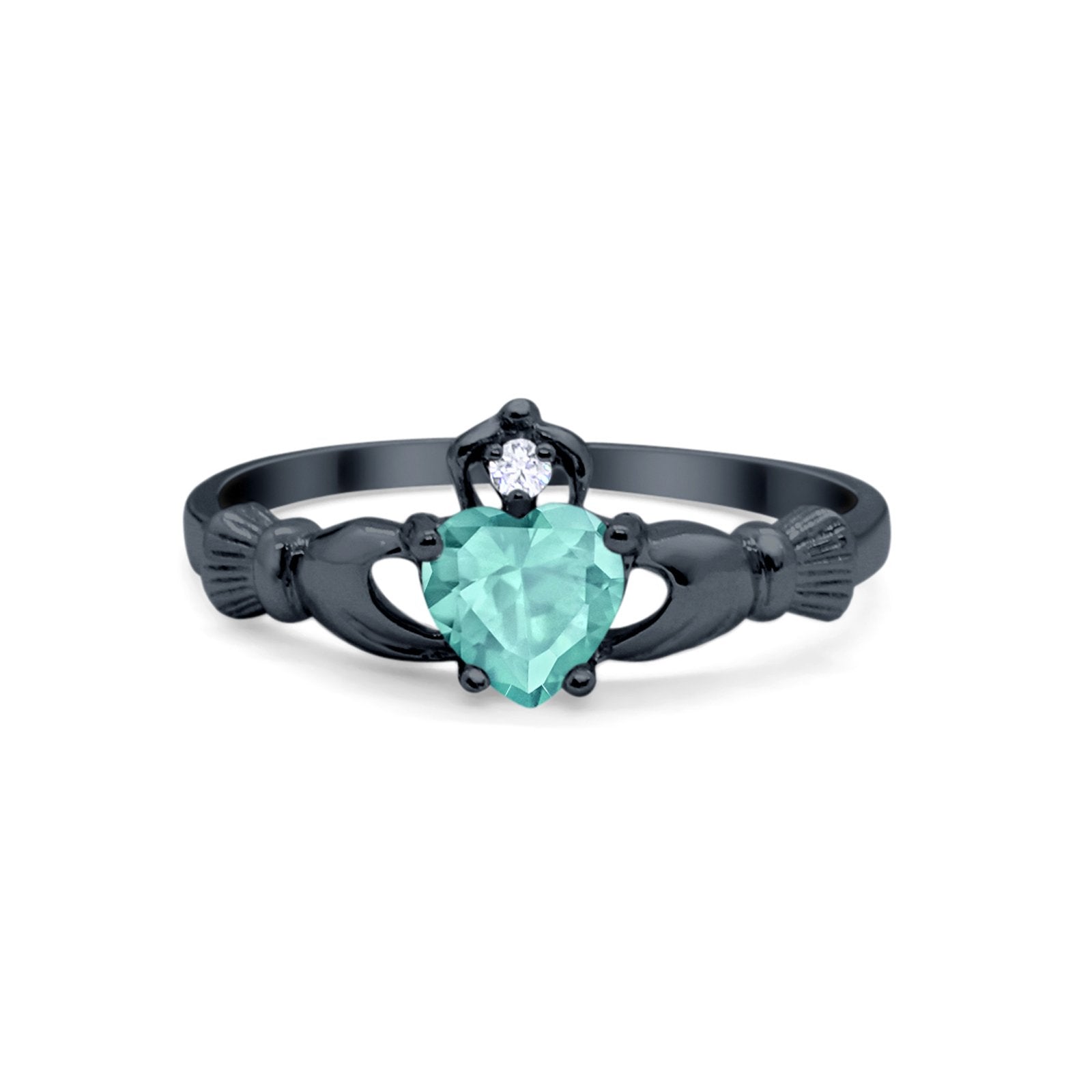 Irish Claddagh Heart Promise Ring Black Tone, Simulated Paraiba Tourmaline CZ 925 Sterling Silver