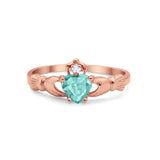 Irish Claddagh Heart Promise Ring Rose Tone, Simulated Paraiba Tourmaline CZ 925 Sterling Silver