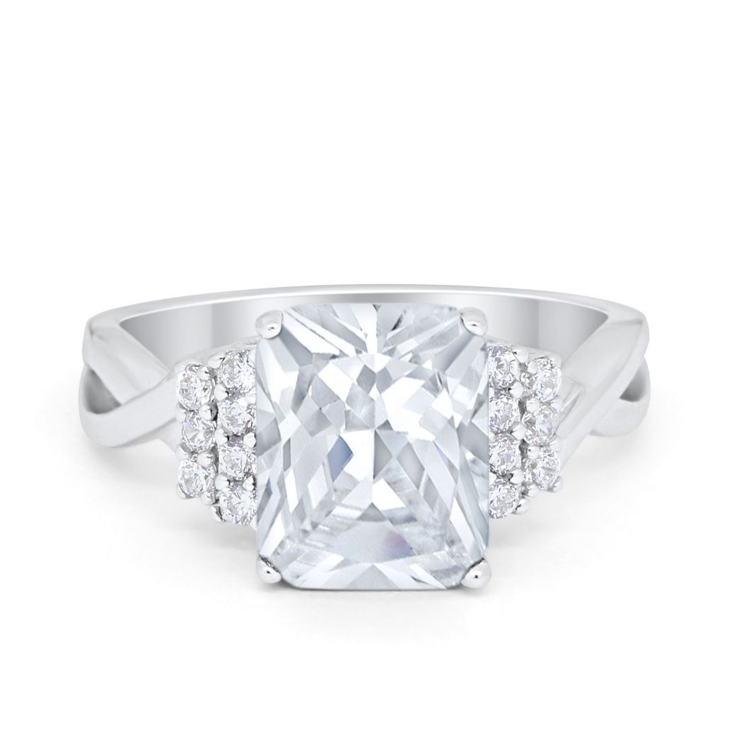 Engagement Ring Emerald Cut Round Simulated Cubic Zirconia 925 Sterling Silver