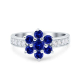 Flower Solitaire Engagement Ring Simulated Blue Sapphire CZ 925 Sterling Silver