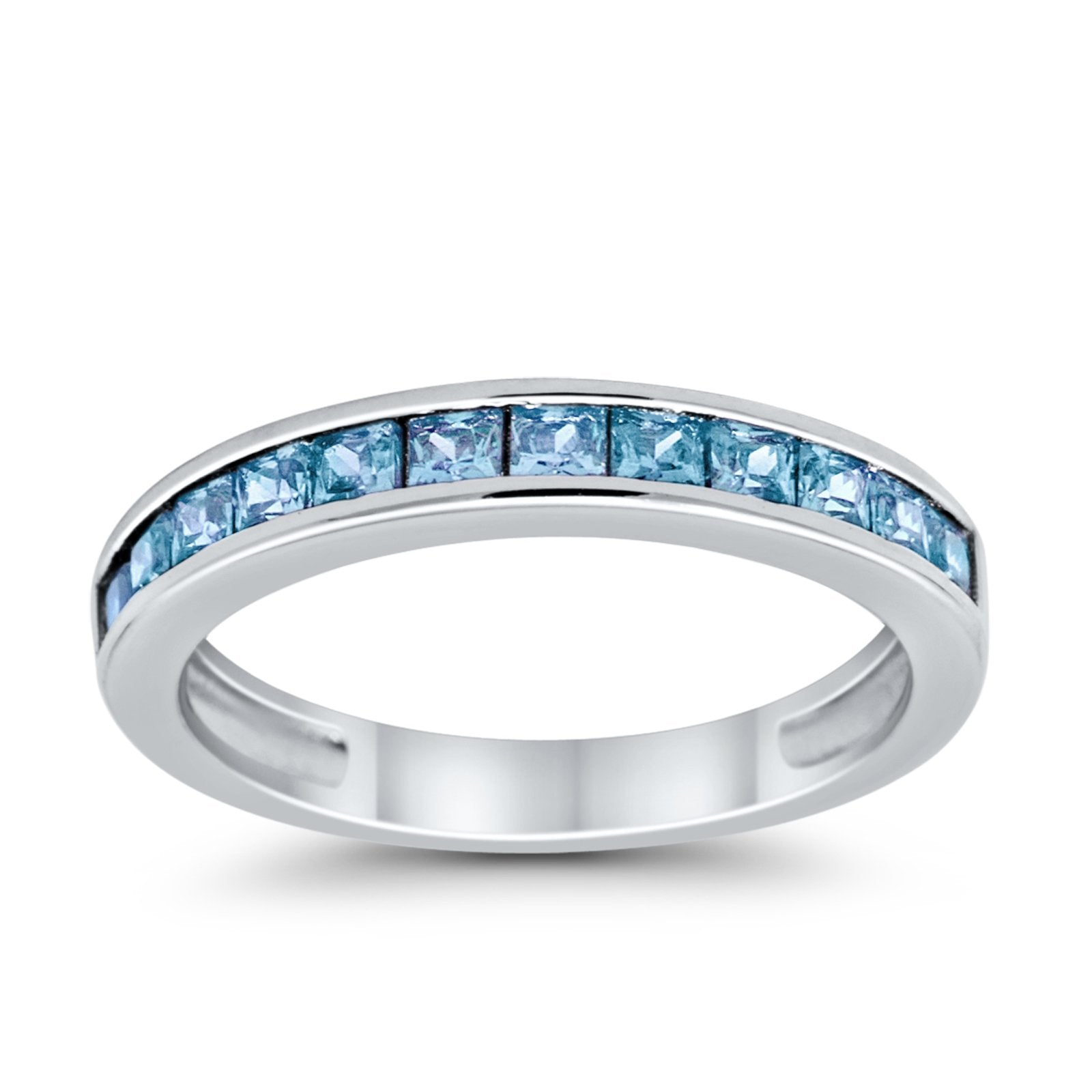 Half Eternity Band Wedding Ring Simulated Aquamarine CZ  925 Sterling Silver