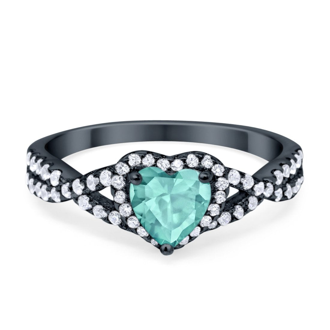 Heart Promise Ring Infinity Shank Black Tone, Simulated Paraiba Tourmaline CZ 925 Sterling Silver