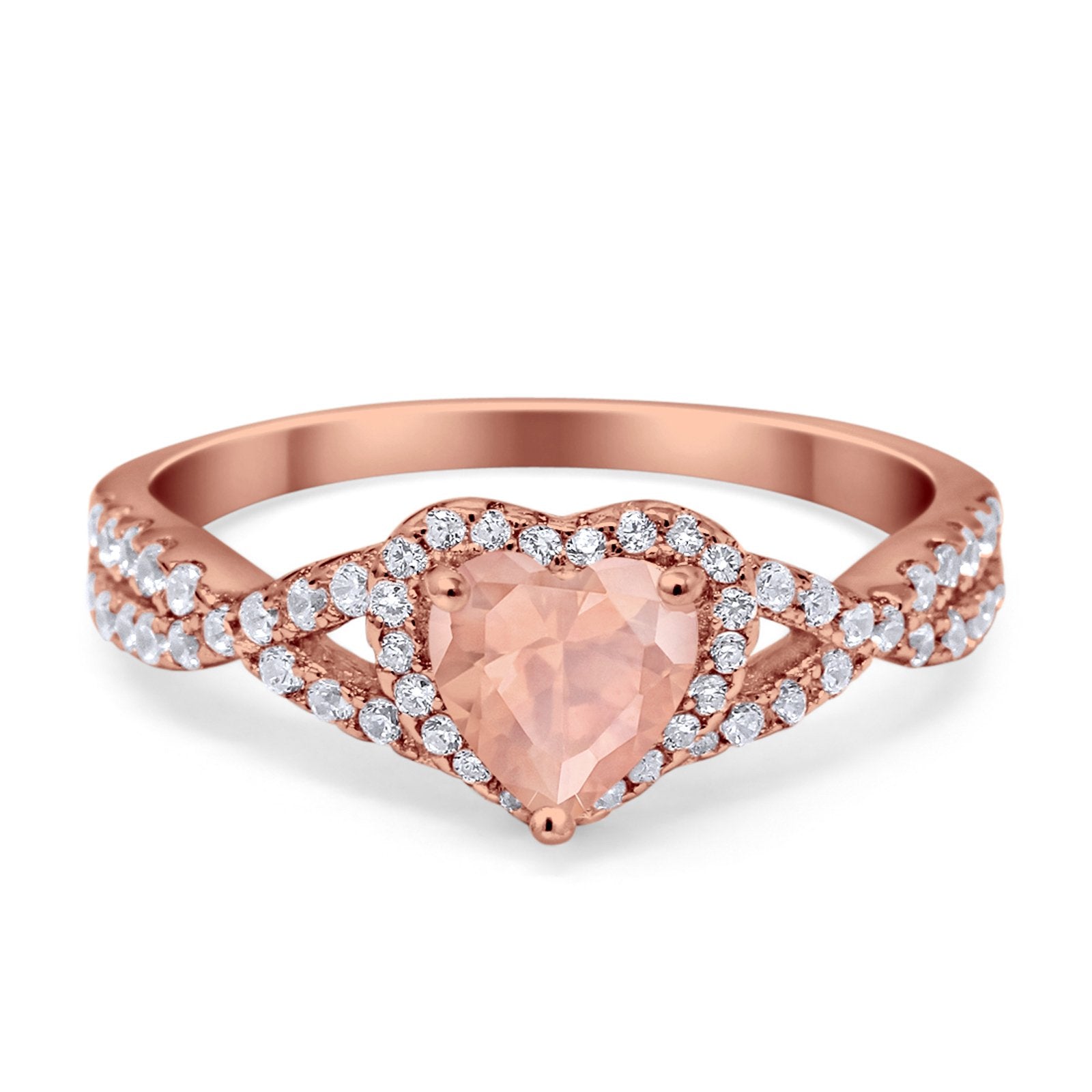 Heart Promise Ring Infinity Shank Rose Tone, Simulated Morganite CZ 925 Sterling Silver