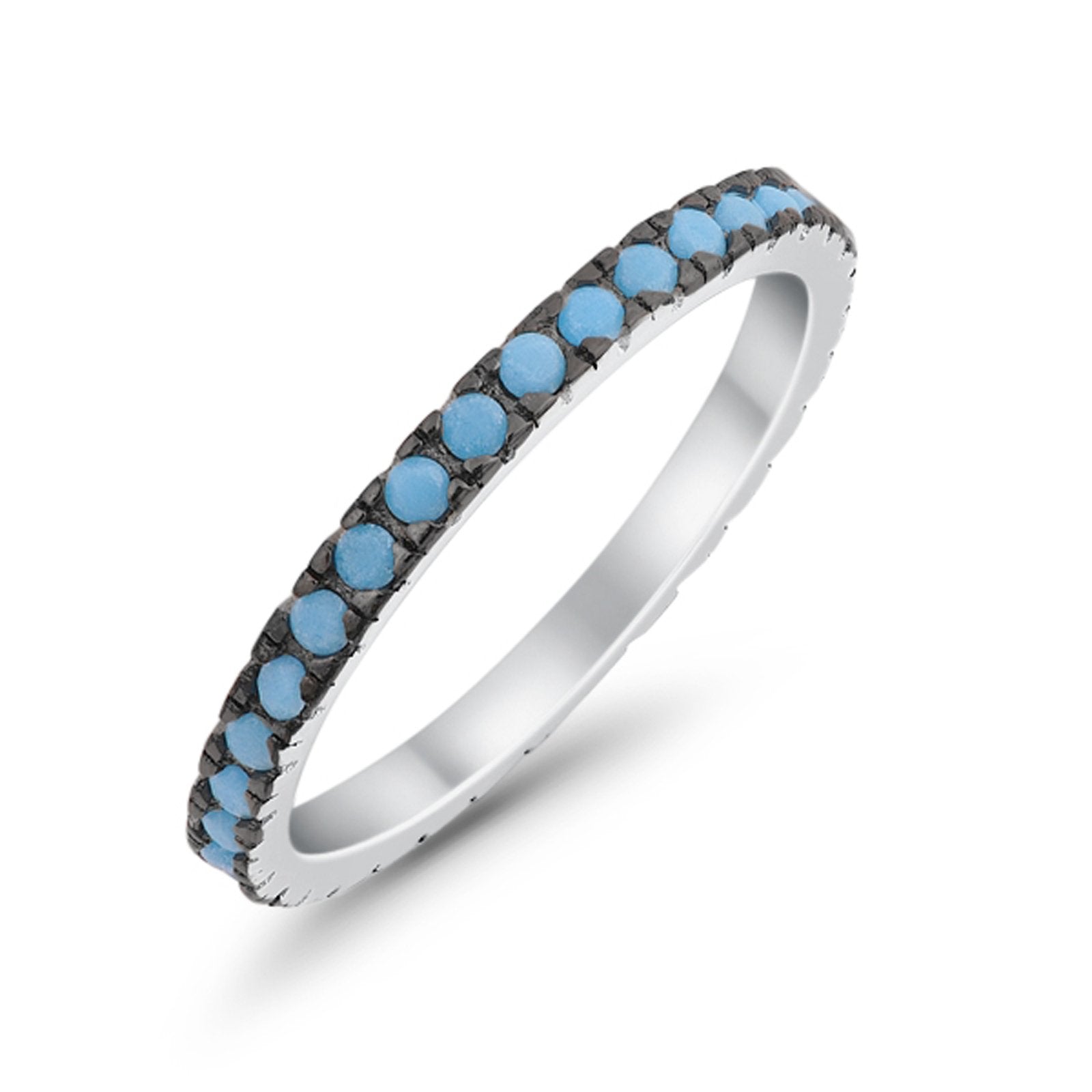 Full Eternity Stackable Wedding Rings Simulated Turquoise CZ 925 Sterling Silver