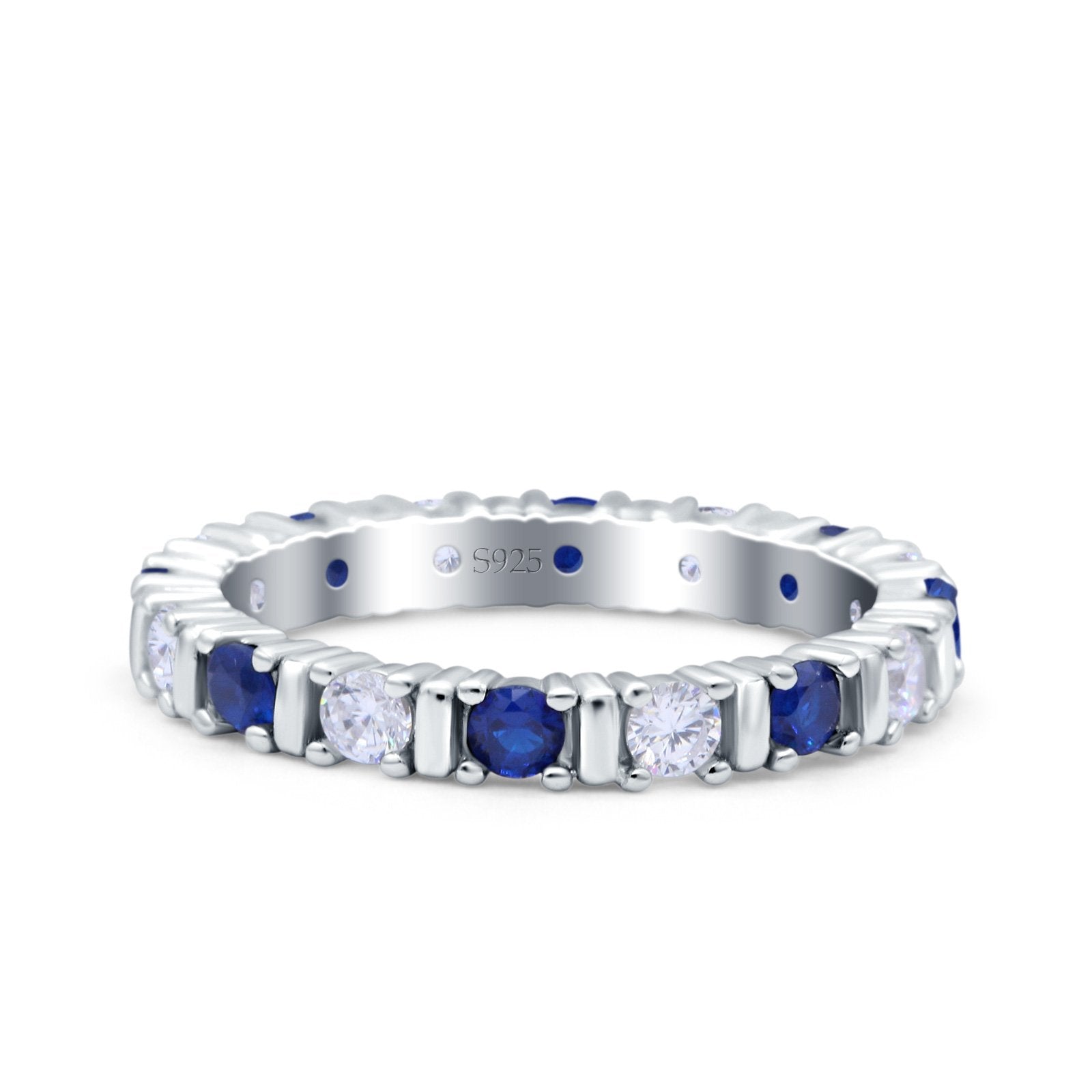 Full Eternity Stackable Ring Wedding Band Round Simulated Blue Sapphire CZ 925 Sterling Silver (3mm)