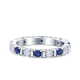 Full Eternity Stackable Ring Wedding Band Round Simulated Blue Sapphire CZ 925 Sterling Silver (3mm)