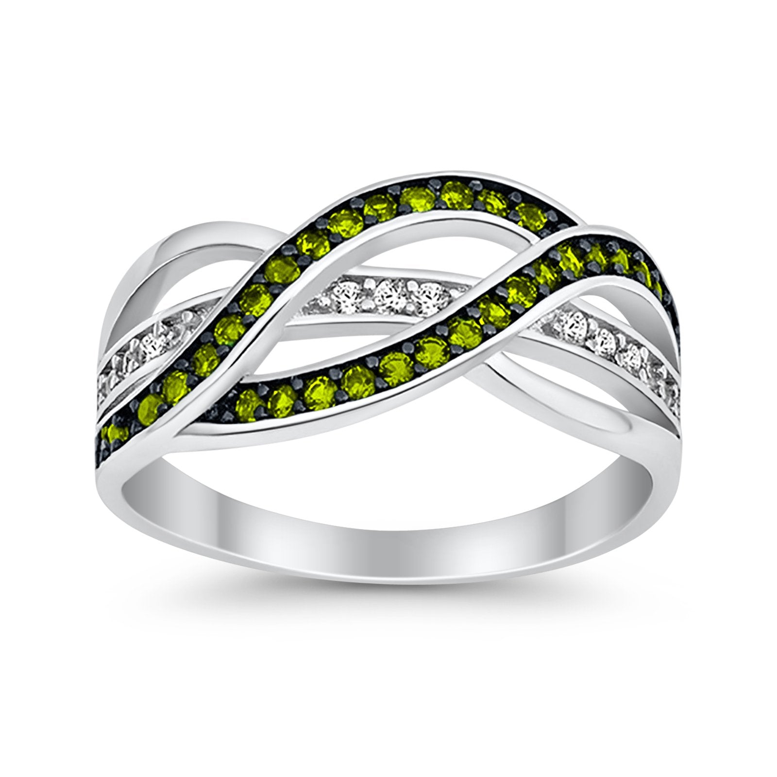 Half Eternity Weave Knot Ring Round Simulated Peridot CZ 925 Sterling Silver