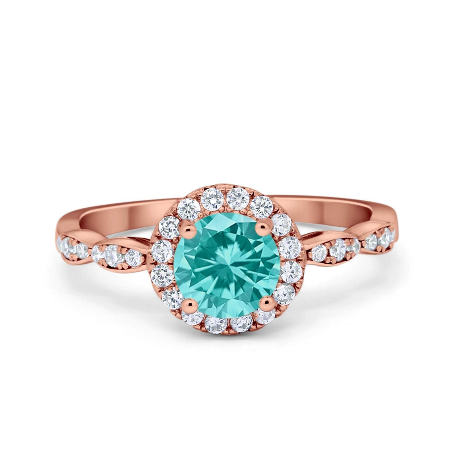 Art Deco Engagement Ring Round Rose Tone, Simulated Paraiba Tourmaline CZ 925 Sterling Silver