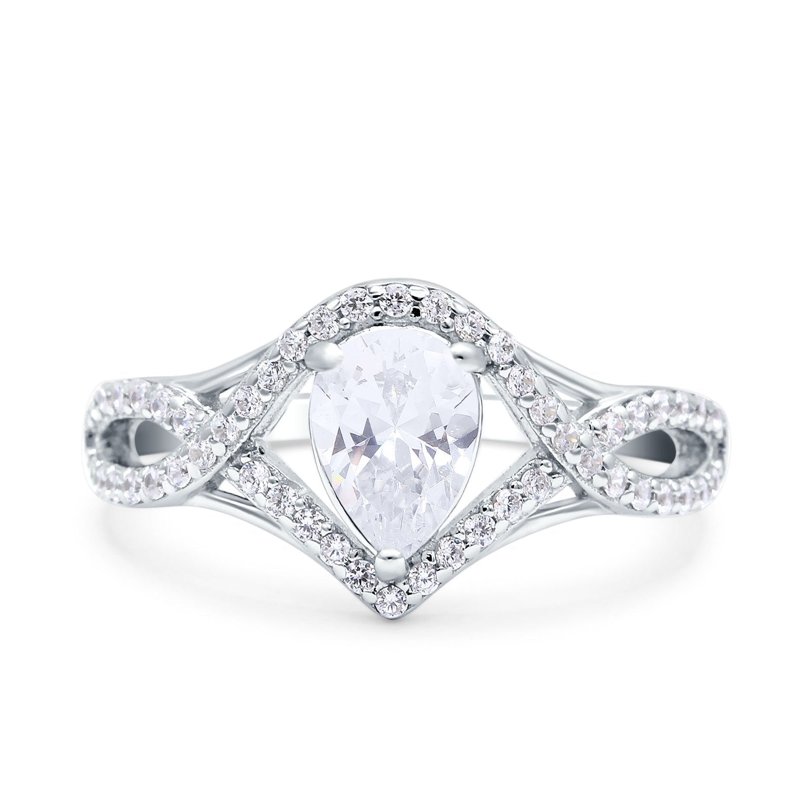 Halo Art Deco Wedding Pear Ring Crisscross Simulated Cubic Zirconia 925 Sterling Silver