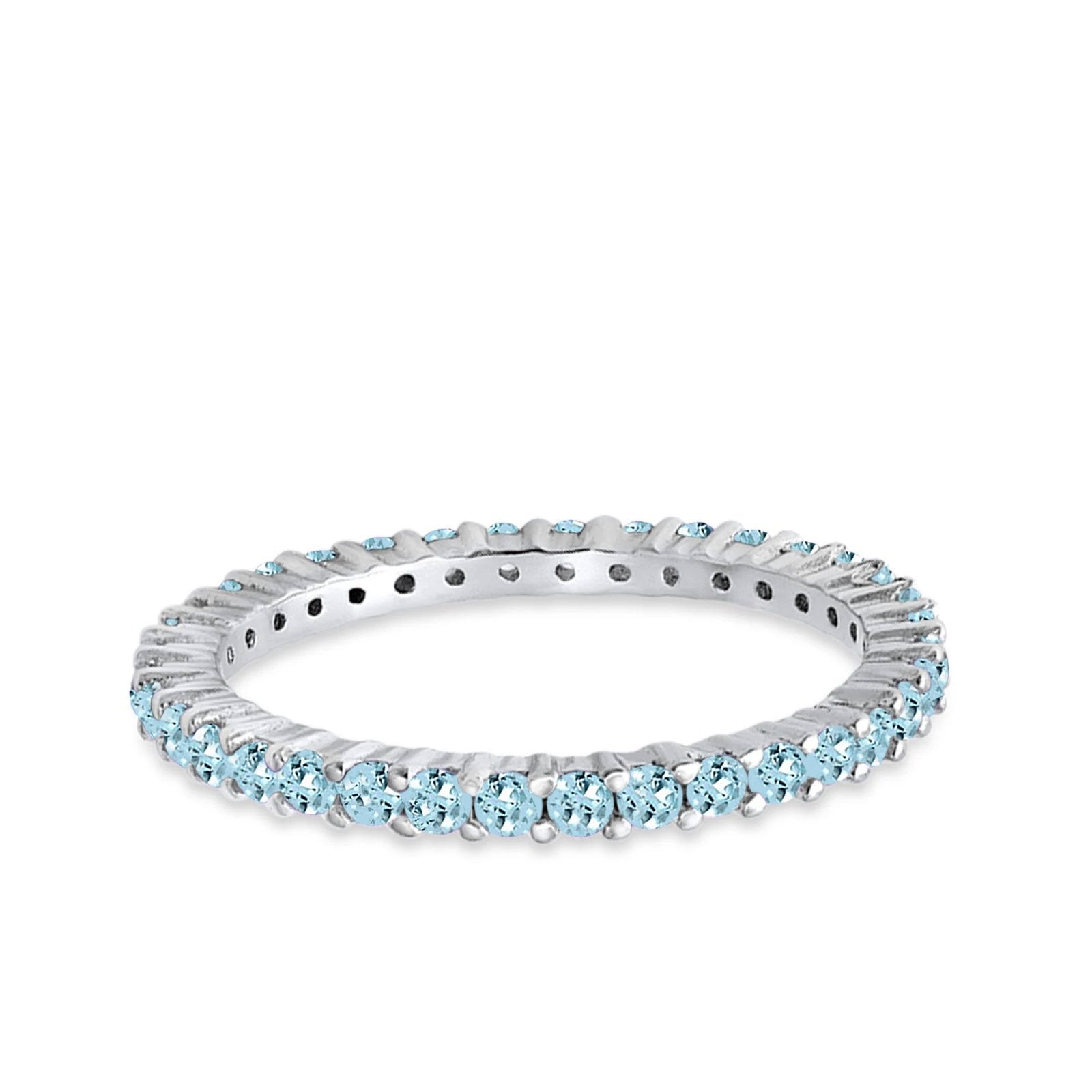 Full Eternity Wedding Band Round Simulated Aquamarine CZ Ring 925 Sterling Silver