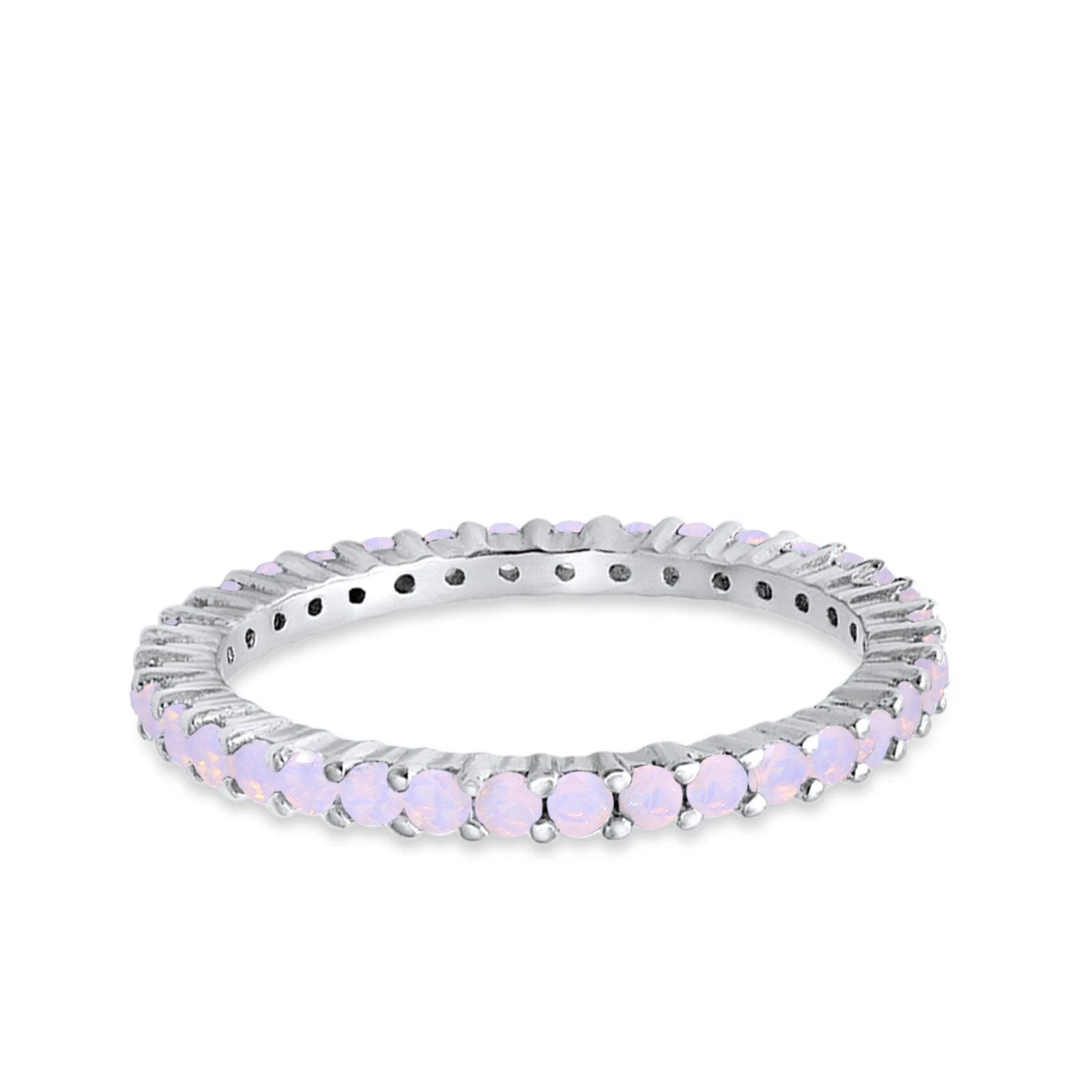 Full Eternity Wedding Round Lab Created White Pinkish Opal Ring 925 Sterling Silver