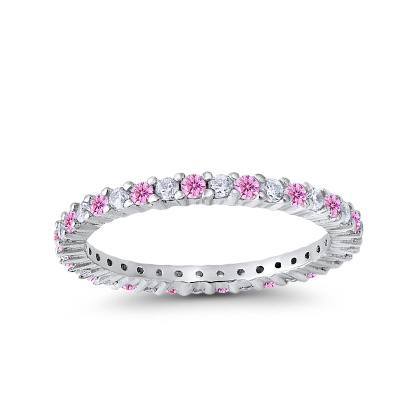 Full Eternity Wedding Band Round Simulated Pink Cubic Zirconia Ring 925 Sterling Silver