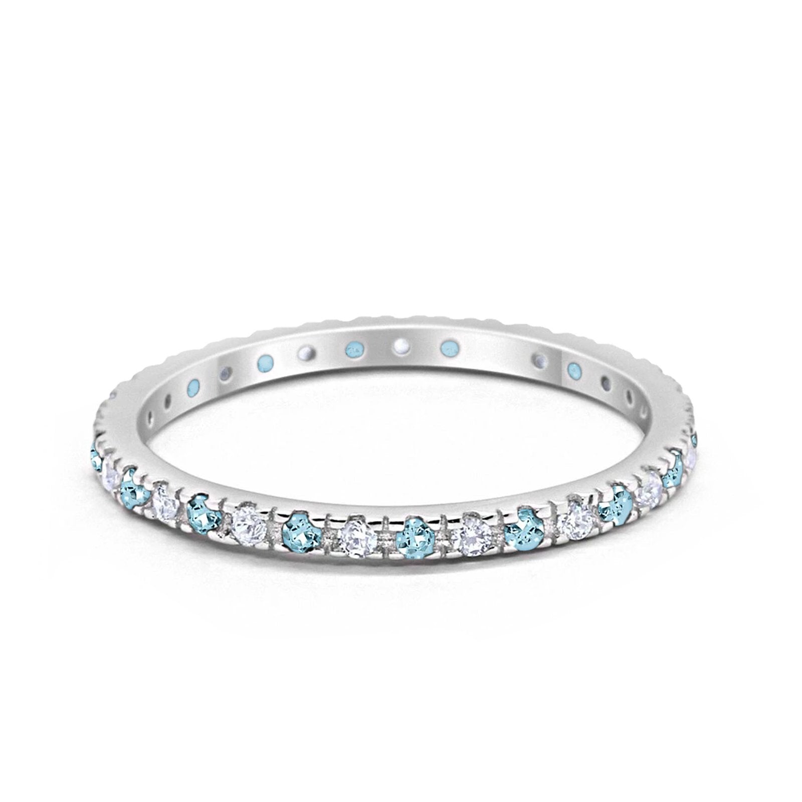 Full Eternity Wedding Design Ring Round Simulated Aquamarine CZ 925 Sterling Silver